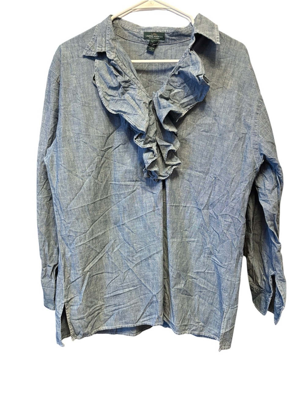Lauren Ralph Lauren Blue Chambray Ruffle Front Blouse